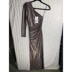 NWT ZARA Festive Days Women FW21 Sparkly Draped Asymmetrical Dress Bronze XS